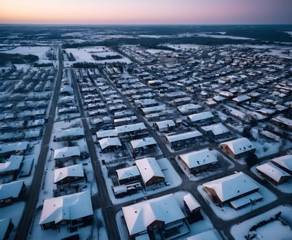Snowy roofs covering suburban neighborhood during winter sunset photo