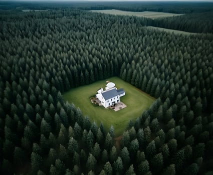 Aerial view of secluded white house surrounded by dense forest photo