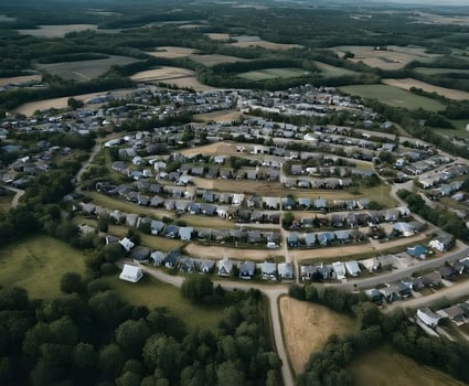 Aerial view of residential neighborhood surrounded by lush green countryside photo