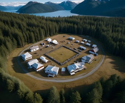 Aerial view of remote village surrounded by forest and mountains photo