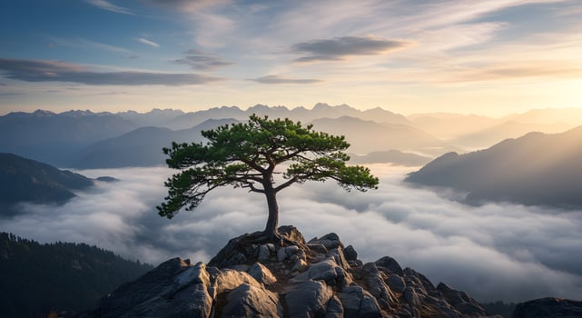 Solitary tree perched atop rocky summit overlooking a sea of fog mountains photo