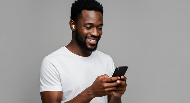 A man with a white shirt and earbuds is looking at his phone photo