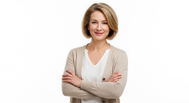 A woman in a sweater standing with her arms crossed photo