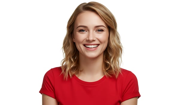 A woman in a red shirt smiling photo