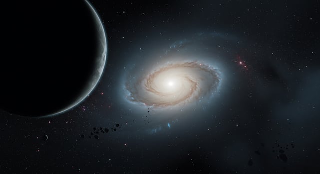 An artist's impression of a spiral galaxy and a planet photo