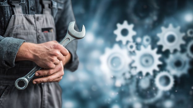 A man holding a wrench in his hand photo