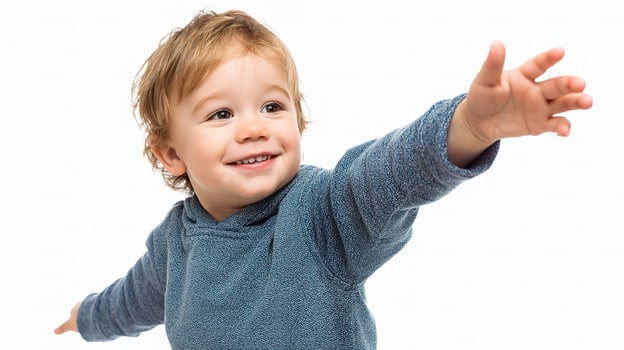 Joyful Toddler Smiling and Reaching Out Against White Background photo