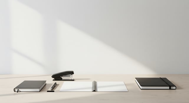 A desk with a black notebook, pen, and stapler photo