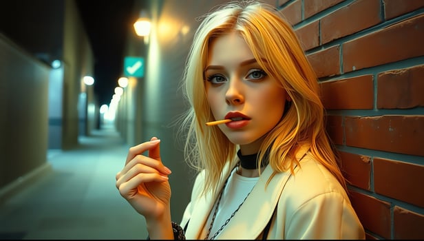 Young woman with blonde hair stands against a brick wall at night holding a snack stick in her mouth, illuminated by streetlights photo