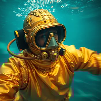 A person in an ornate gold diving suit underwater with bubbles surrounding them creating a captivating scene photo