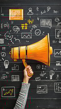 Hand Holding Megaphone with Business Ideas on Chalkboard Inspiring Strategy and Growth photo