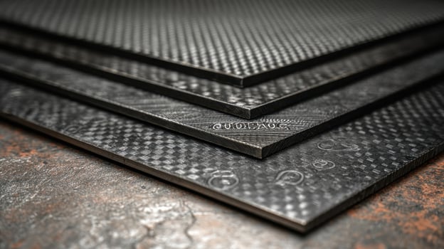 Layers of laser etched carbon fiber sheets on metal surface showcasing unique textures and patterns photo