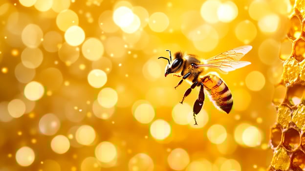Golden Honeybee in Flight, A Stunning Macro Photography of a Busy Pollinator photo