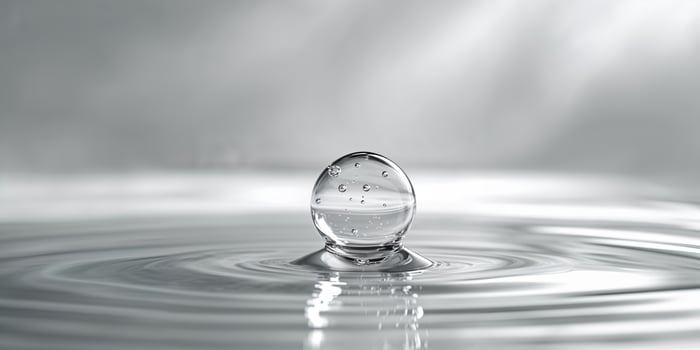 Droplet creates ripples in calm water surface during soft light conditions photo