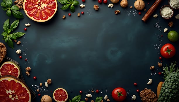 Various fruits and vegetables arranged around a black background photo