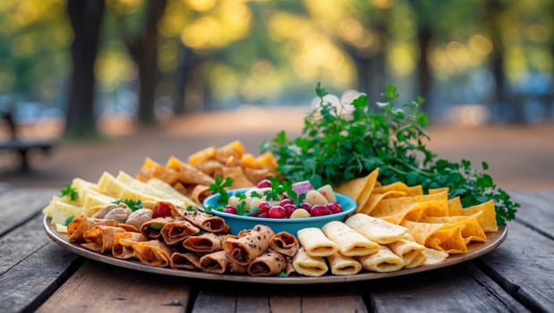 Colorful platter of snacks including tortillas, cheese, and vegetables presented outdoors during golden hour photo