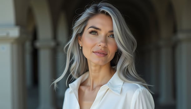 A woman with gray hair and white shirt photo