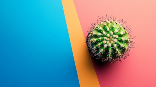 Top view Ball Cactus on a vibrant background, plant setting photo