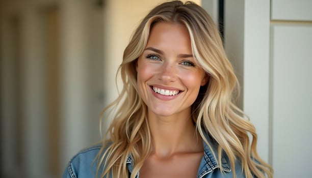 A beautiful blonde woman smiling in front of a door photo
