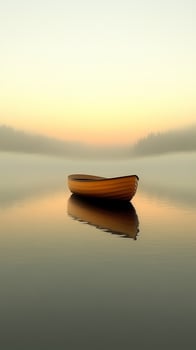 Serene Sunrise on a Misty Lake with a Wooden Boat A Peaceful and Tranquil Landscape Painting photo
