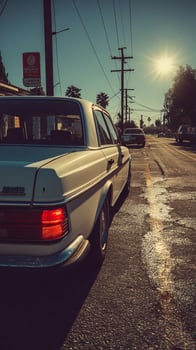 Vintage White Car on a Sunny Urban Street A Classic American Automobile in a Vibrant Cityscape photo