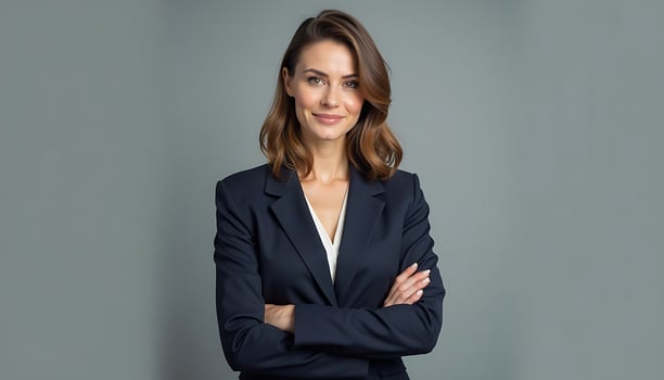 A woman in a business suit posing for the camera photo