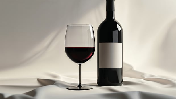 Elegant red wine glass and bottle displayed on smooth white fabric in a dimly lit setting photo