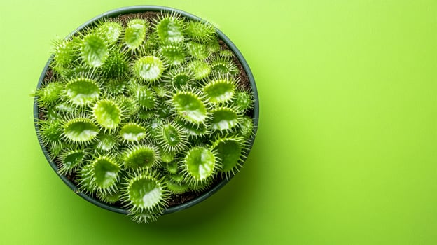 Top view Venus Flytrap on a vibrant background, plant setting photo