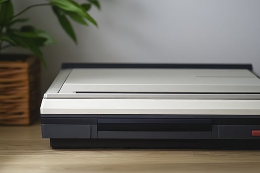 Old school gaming console placed on wooden surface photo