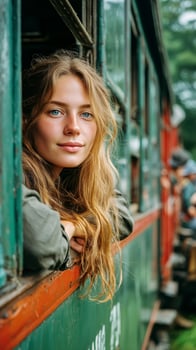 Young Woman Enjoying a Scenic Train Ride in Lush Countryside With Vibrant Surroundings photo