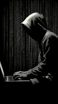 Dark Figure Working on Laptop in a Dimly Lit Room With Code Background photo