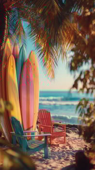 Colorful Surfboards Stand by the Shore on a Sunny Beach Afternoon photo