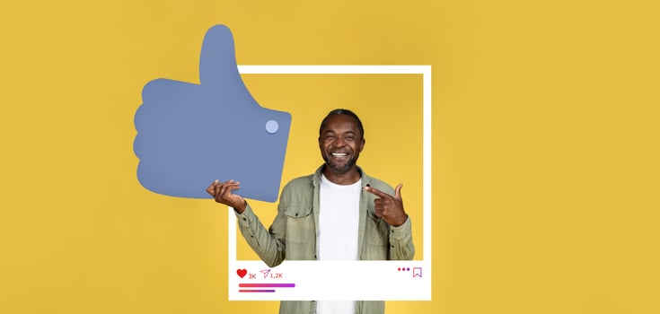 A cheerful individual smiles and makes a thumbs up gesture, promoting engagement and positivity. The bright yellow background highlights the excitement of social media interaction. photo