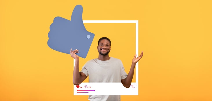 A smiling individual gestures with thumbs up in front of a bright yellow background. This setup highlights social media engagement, reflecting the influencer's vibrant personality and positive energy. photo