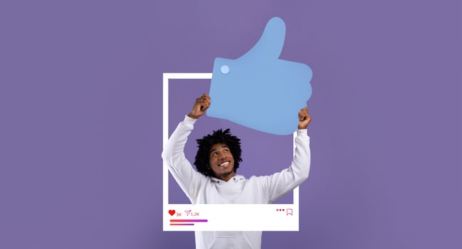 A smiling individual lifts a large thumbs-up symbol in a vibrant background, expressing excitement and positivity about social media interactions and online content. photo