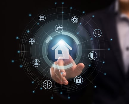 Futuristic technologies concept. Collage with male hand pushing SMART HOME pictogram on imaginary screen photo