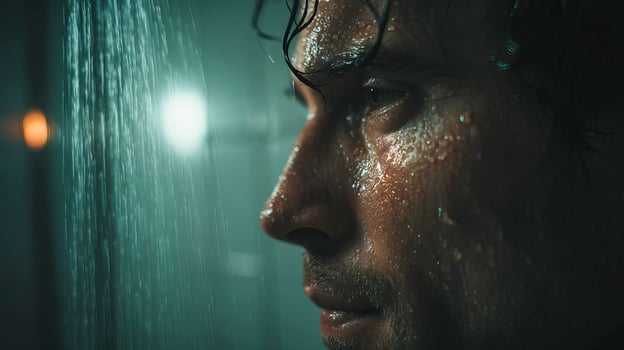 Brutal man taking shower in modern shower cabin with glass walls photo