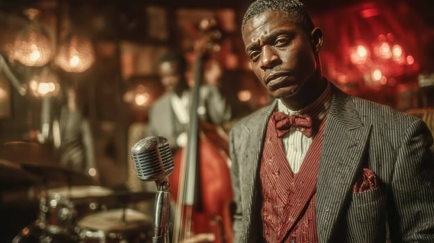 Black male jazz singer in suit standing on stage in front of microphone singing photo
