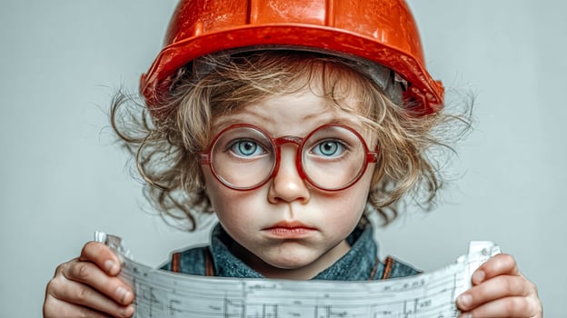 A smart looking boy in a helmet holds a construction drawing in his hands and studies the diagrams photo