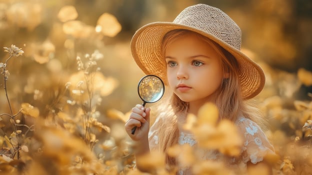 A child explores nature with a magnifying glass among autumn flowers on a sunny day photo