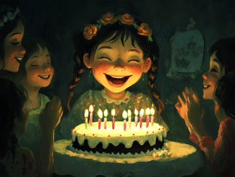 A joyful child celebrates her birthday surrounded by friends and family, captivated by the candles on her cake photo