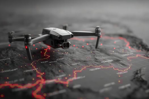 A drone hovers above a detailed map with geographical outlines. The red highlights indicate significant paths and features across the terrain, showcasing advanced technology in navigation. photo