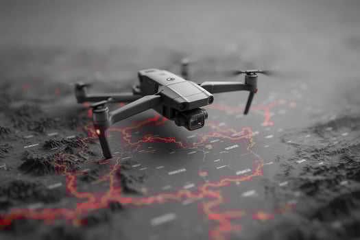 A drone is positioned above a map showcasing intricate terrain details and highlighted borders. The image emphasizes the relationship between technology and geographical exploration. photo