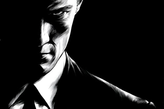 A man in a dark suit stands partially in shadow, showcasing a serious expression. The focus is on his intense eyes and sharp facial features, creating an air of mystery. photo