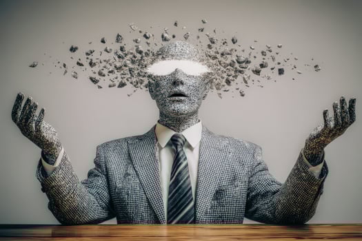 An imaginative representation showcases a suited figure with a disintegrating head, surrounded by floating debris. The setting is minimalistic, emphasizing the surreal concept of mental overload. photo