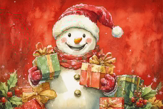 A cheerful snowman holding colorful presents smiles against a festive red background with holly leaves and Christmas decorations photo