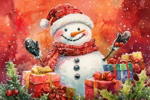 Festive snowman joyfully holding presents in a warm, red-toned background with Christmas decorations and holly leaves photo