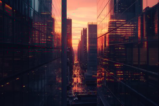 Modern skyscraper cityscape at sunset showcasing vibrant reflections and lively streets below photo