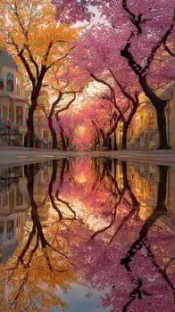 Colorful cherry blossom trees reflect in water during spring at a serene street in a charming neighborhood photo