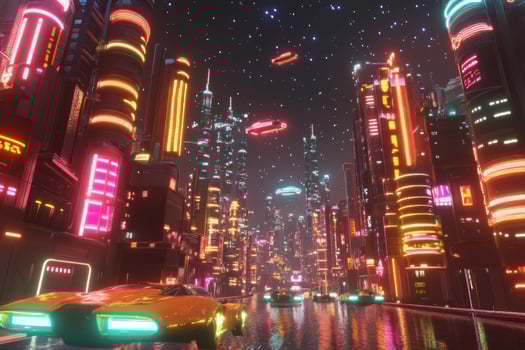 A vibrant abstract futuristic city with sleek buildings, neon lights, flying cars, and a star-filled dark sky at night photo